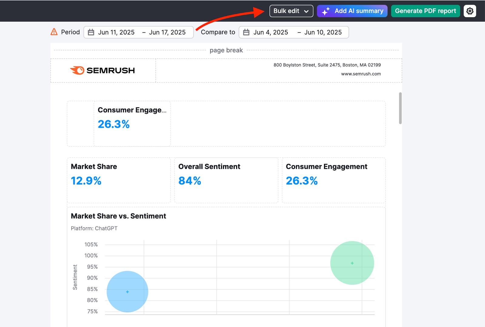 Report builder interface with an arrow highlighting the Bulk Edit button.