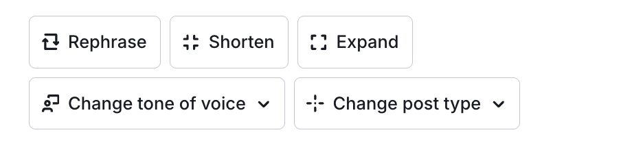 Edit text options: generate again, rephrase, shorten, expand, change tone of voice, change post type, and change processing type. 
