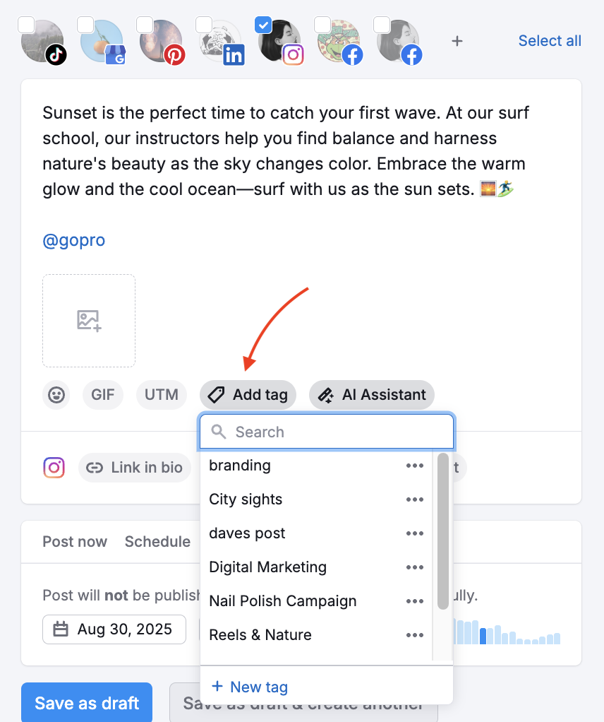 Post editor in Social Poster with the red arrow pointing to the Add tag button at the bottom.